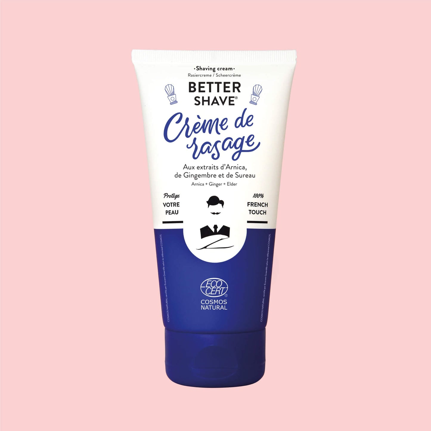 Tube de crème à raser BETTER SHAVE de Monsieur BARBIER, aux extraits d'Arnica, de Gingembre et de Sureau, certifié bio, sur fond rose.