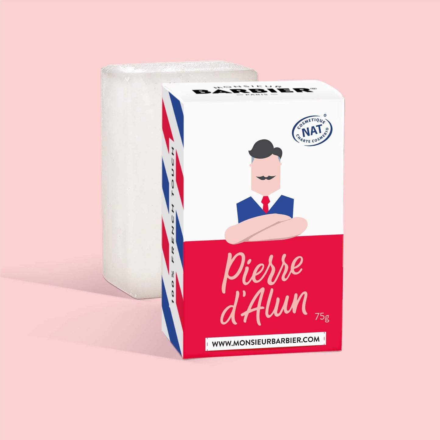 Pierre d'alun naturelle Monsieur BARBIER, 75g, dans son emballage rouge et blanc, certifié bio, sur fond rose.