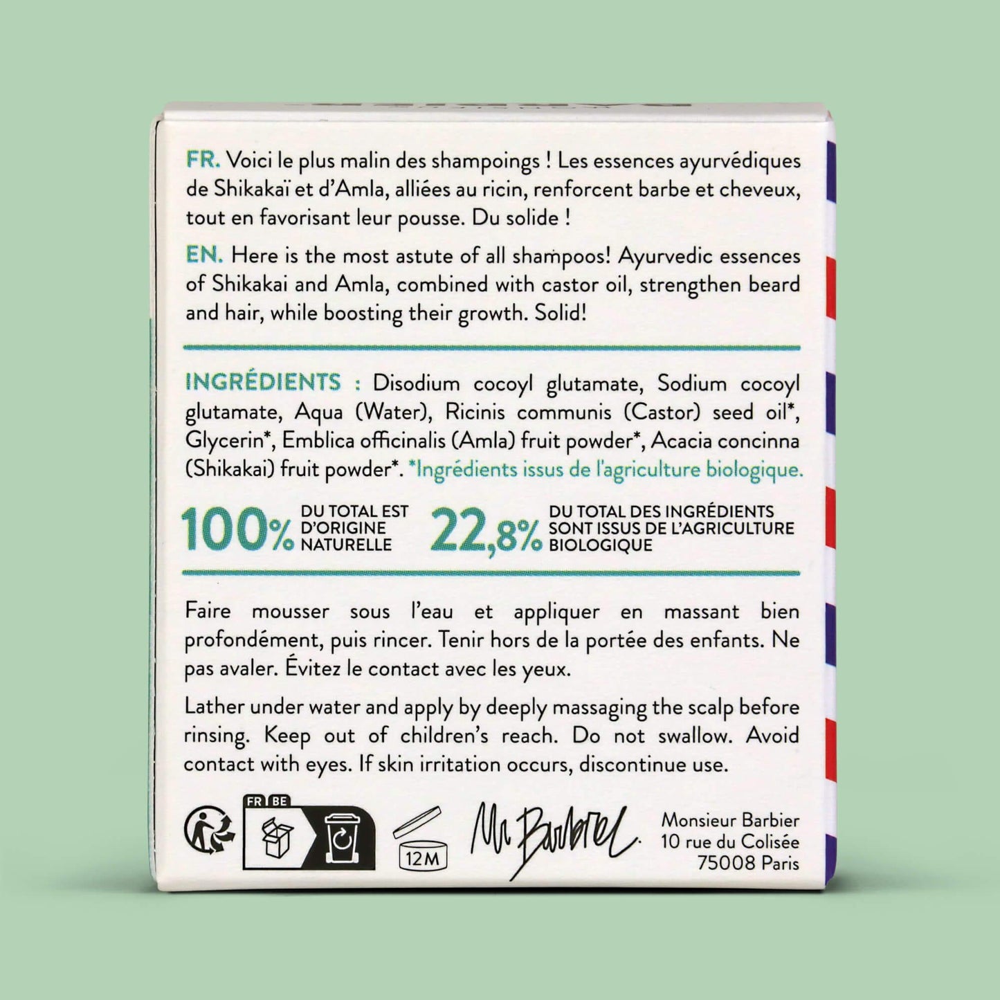 Shampoing Solide 2-en-1 pour Barbe et Cheveux de Monsieur BARBIER - arrière du packaging