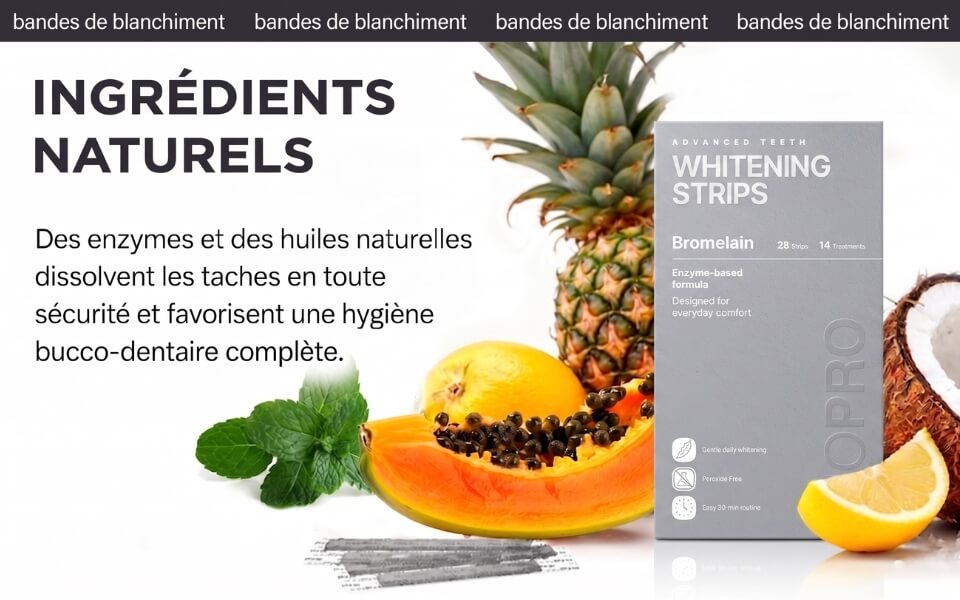 Bandes de blanchiment dentaire InoPro à base d'ingrédients naturels — bromélaïne d'ananas, papaye, citron, menthe et noix de coco — pour dissoudre les taches en douceur.