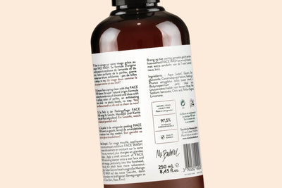 Dos du flacon FACE WASH Monsieur BARBIER, liste INCI lisible : sodium benzoate comme conservateur, aucun phénoxyéthanol, 97,5 % d'origine naturelle