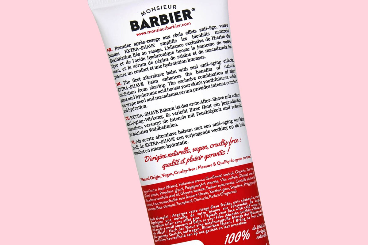 Gros plan sur le dos du tube EXTRA SHAVE de Monsieur BARBIER, liste d'ingrédients où se lit le tocophérol