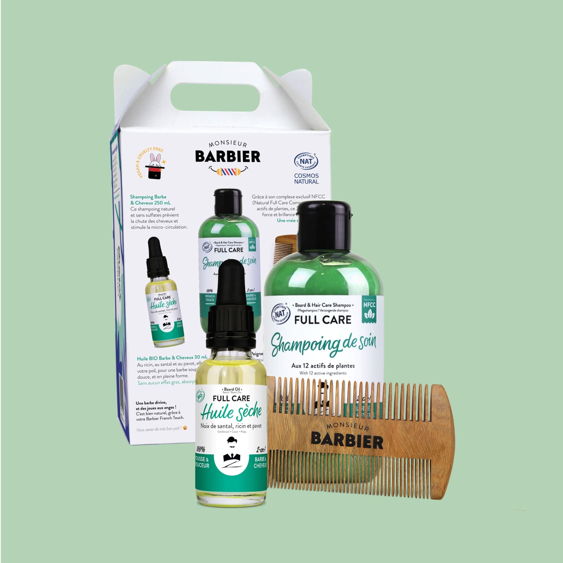 Dos de l'emballage du coffret de soins pour homme Monsieur BARBIER, détaillant les bienfaits et instructions d'utilisation des produits pour la barbe et les cheveux, sur fond vert.