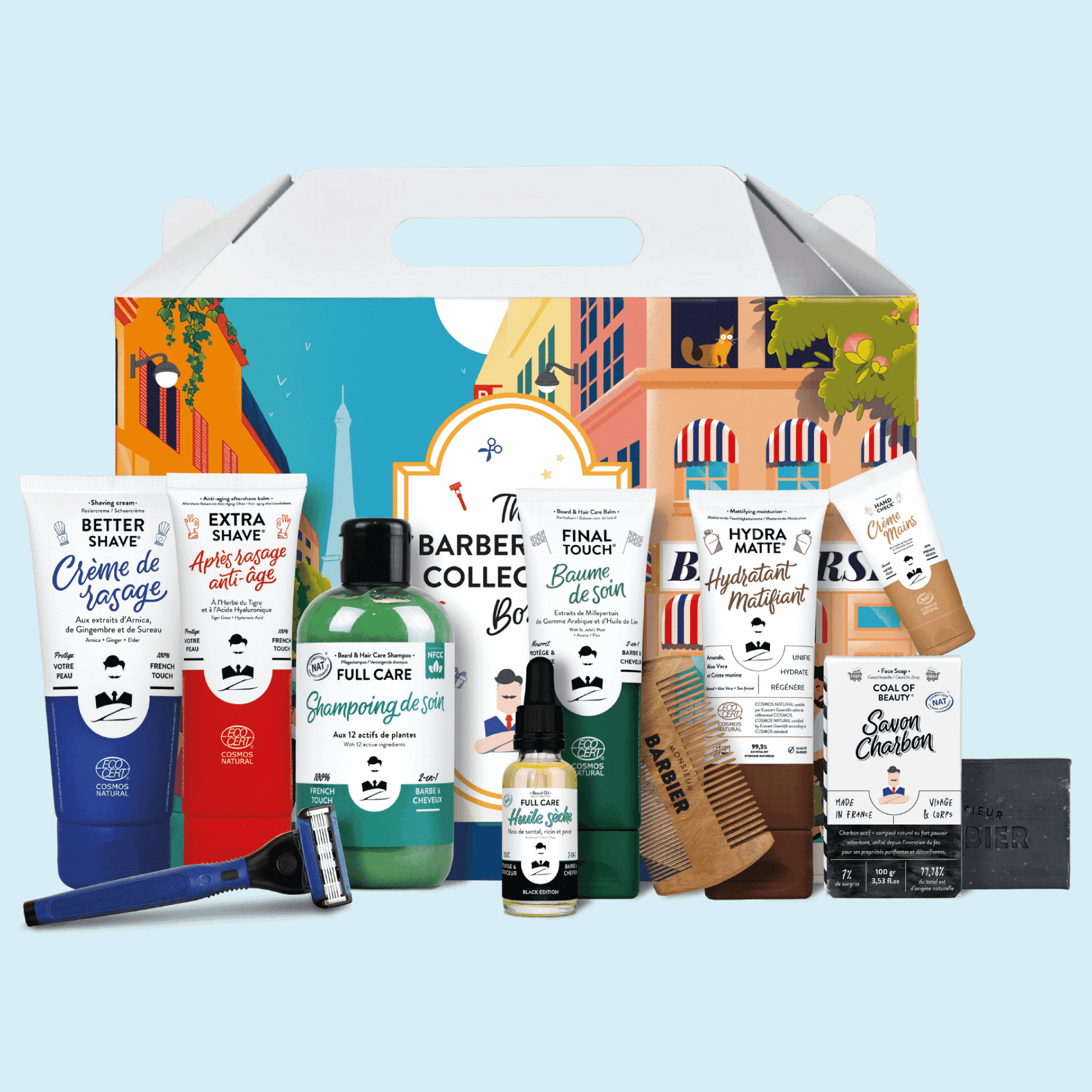 Coffret de soins pour homme 'BARBERSHOP COLLECTION' par Monsieur BARBIER, incluant crème de rasage, baume après-rasage, shampoing et plus, présentés dans une boîte bleue avec des marques de certification française.