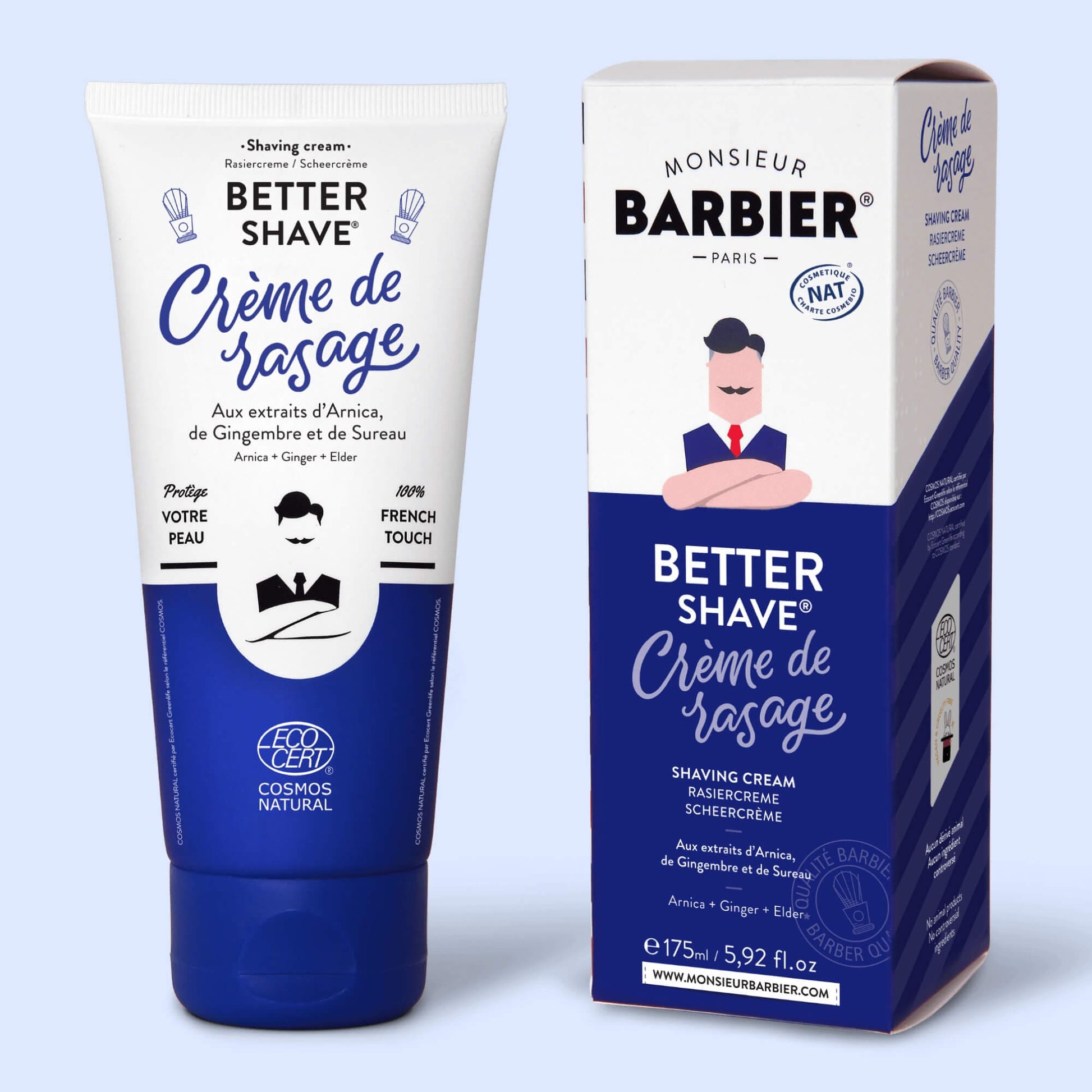 Présentation du tube de crème de rasage Monsieur BARBIER BETTER SHAVE à côté de son emballage, illustrant le produit complet avec des informations détaillées sur les avantages et la composition.