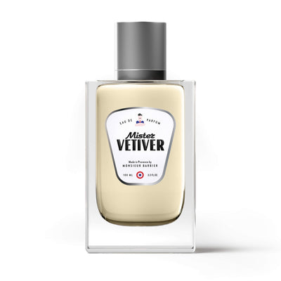 Flacon de parfum Monsieur BARBIER MISTER VETIVER 100 ml en vue de face, étiquette blanche et noire, ambiance sobre sur fond blanc.