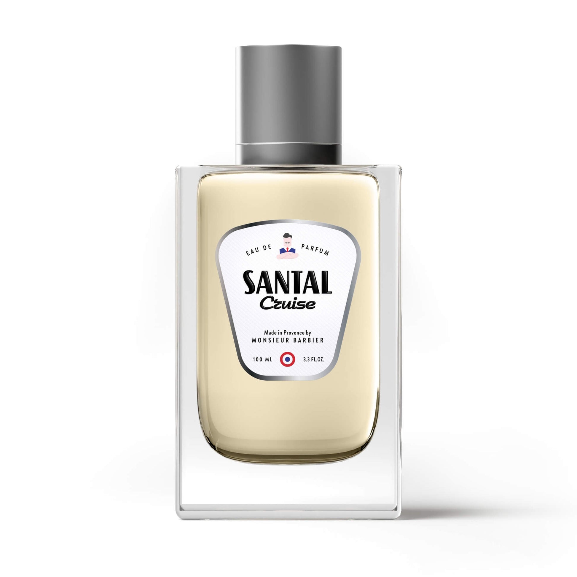 Flacon du parfum Monsieur BARBIER SANTAL CRUISE 100 ml, étiquette moderne sur fond blanc, ambiance lumineuse et raffinée.