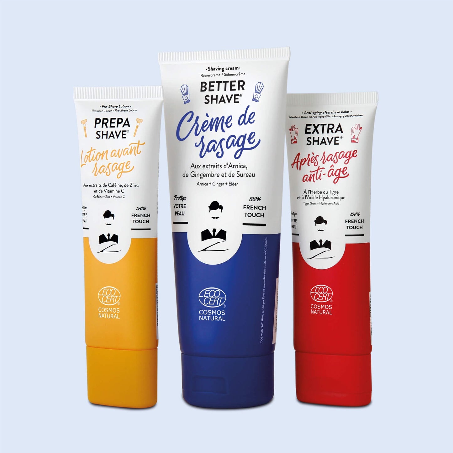 Gamme de soins de rasage de Monsieur BARBIER incluant une crème à raser, une lotion avant-rasage et un après-rasage anti-âge, emballés dans des tubes colorés en jaune, bleu et rouge.
