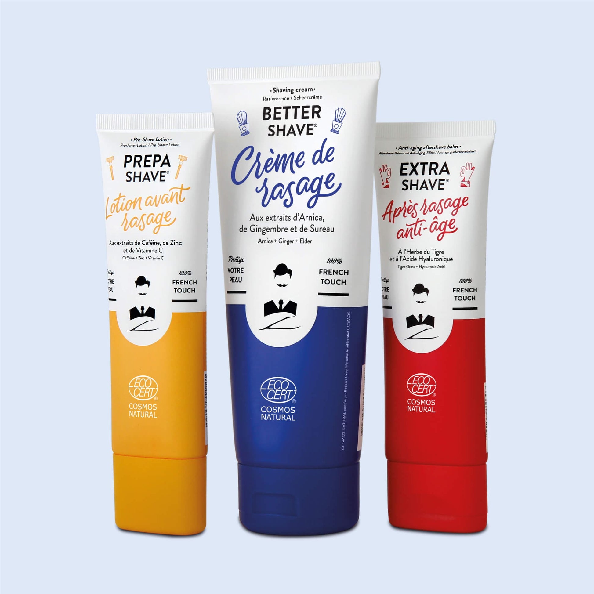 Gamme de soins de rasage de Monsieur BARBIER incluant une crème à raser, une lotion avant-rasage et un après-rasage anti-âge, emballés dans des tubes colorés en jaune, bleu et rouge.