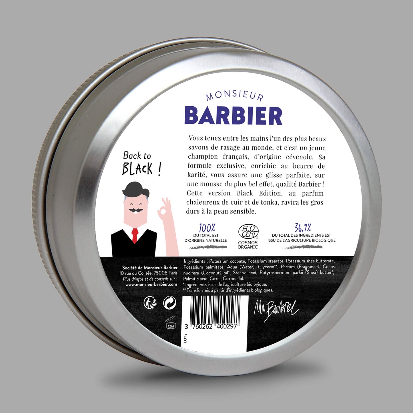 Arrière de la boîte de savon de rasage Monsieur BARBIER BLACK EDITION, informations produit et adresse, certification bio, 36,9% total des ingrédients issus de l'agriculture biologique.