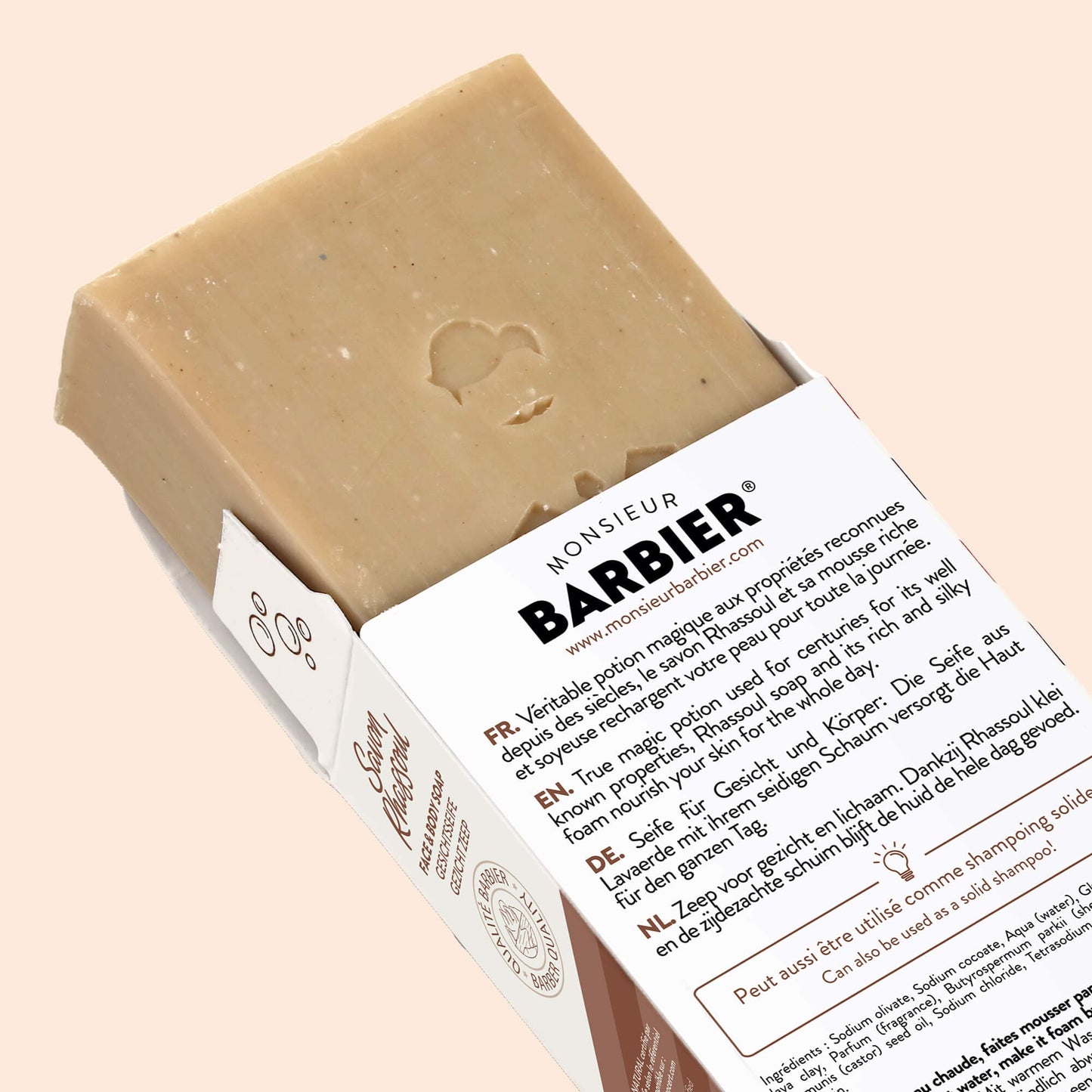 Savon Solide pour Homme Visage et Corps RHASSOUL KITCHEN par Monsieur BARBIER - Dos du packaging