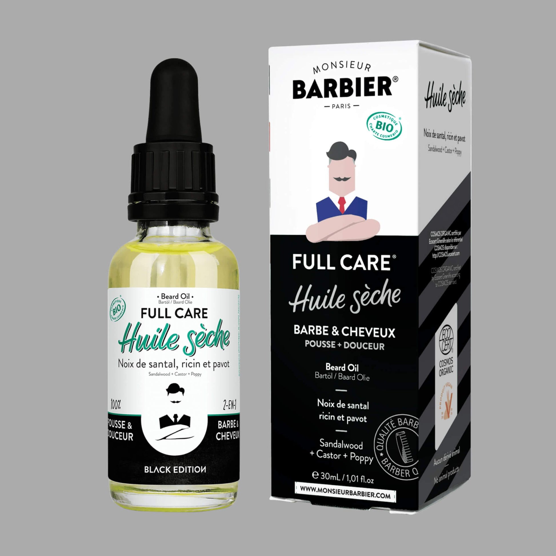 Huile sèche Bio Barbe & Cheveux FULL CARE Black Edition par Monsieur BARBIER - vue de l'emballage