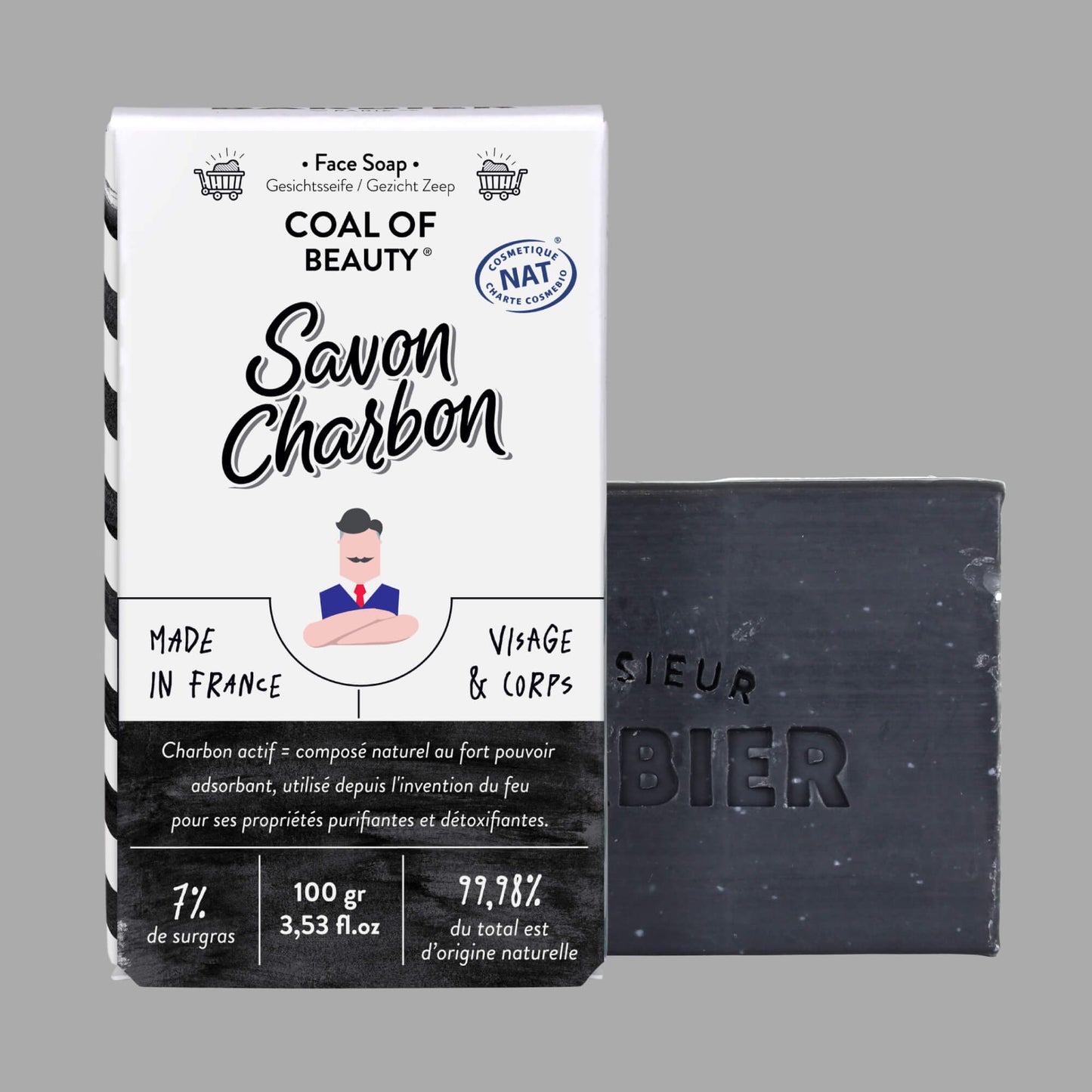 Savon Solide pour Homme Visage et Corps COAL OF BEAUTY par Monsieur BARBIER - Packaging de face