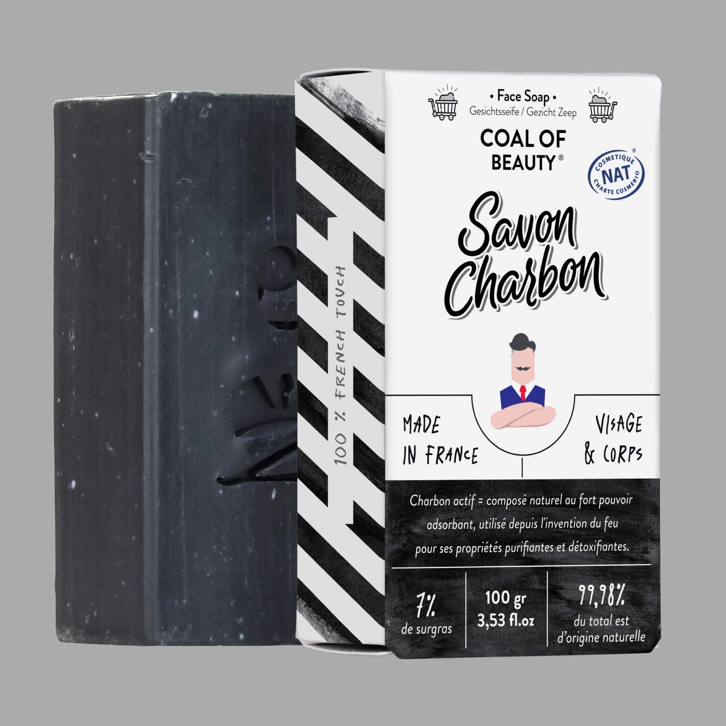 Savon Solide pour Homme Visage et Corps COAL OF BEAUTY par Monsieur BARBIER - Packaging de profil